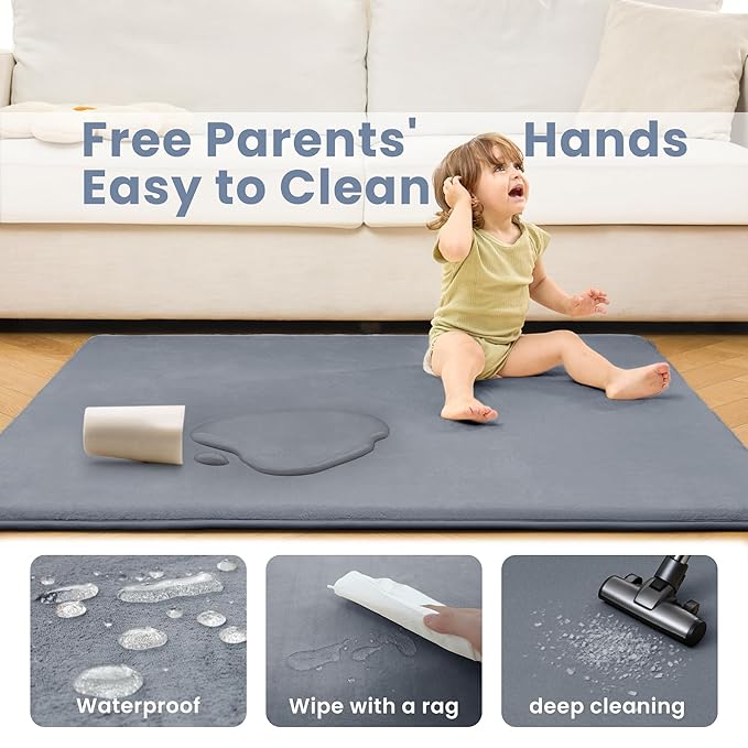 ACOMOPACK 1.3" Thick Baby Play Mat for Floor 50x50"-Memory Foam Water-Repellent Playpen Mat for Tummy Time,Non-Slip Soft Velvet Nursery Rug for Kids,Toddlers,Infants Crawling（Grey）