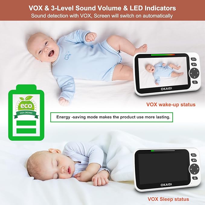 OKAIDI Video Baby Monitor with 2 Cameras, 5" Display Baby Monitor No WiFi, 30H Battery and 1000ft Range, Remote Pan-Tilt-Zoom Baby Camera, 2-Way Talk, 8 Lullabies, for Baby Pet Elderly