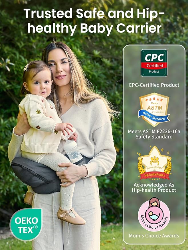 Baby Hip Seat Carrier, GROWNSY Ergonomic Hip Seat Baby Carrier with Multiple Pockets, Adjustable Extended Waistband for Newborns & Toddlers up to 50 lbs, Grey