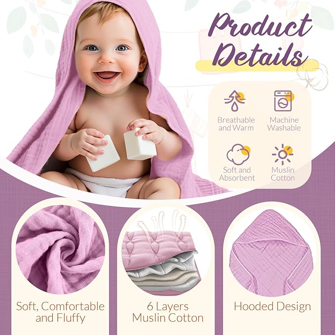 VitalCozy 12 Pcs Baby Muslin Hooded Bath Towels and Washcloths, 32 x 32 Inch Muslin Cotton Hooded Baby Towels Absorbent Hooded Blankets for Gift Newborn Infant Shower (Purple Series)
