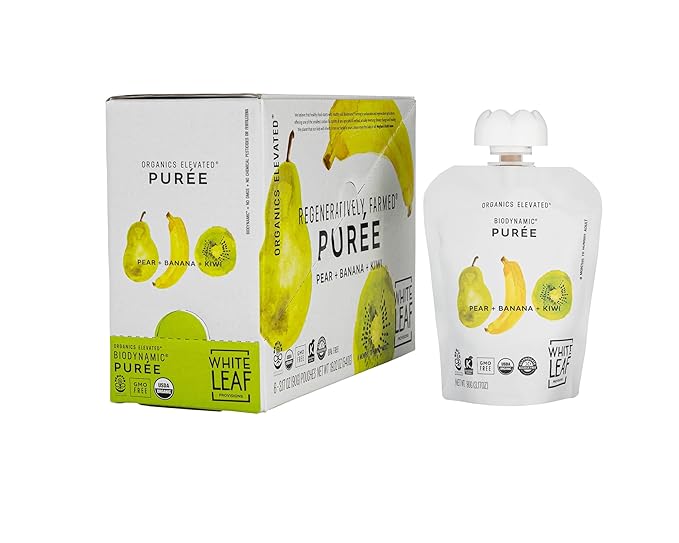 White Leaf Provisions Organic Purees / Baby Food Pouches - Fruits, Veggies & Grains, Toddler snack, Regeneratively Farmed, No Added Sugar, Non-GMO, BPA-Free Pouches 3.17 oz (Pack of 24, Pear + Banana + Kiwi)