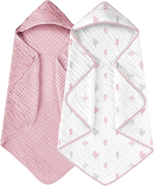 Yoofoss Hooded Baby Towels for Newborn 2 Pack 100% Muslin Organic Cotton Baby Bath Towel with Hood for Babies, Infant, Toddler and Kids, 32x32Inch, Soft and Absorbent Newborn Essential,Pink&Wh Leaf