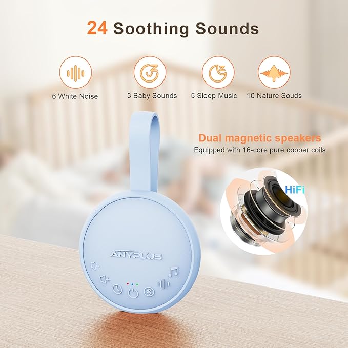 White Noise Sound Machine for Sleeping Adults & Baby, Portable Noise Machine with 24 Soothing Sounds, Bluetooth 5.1, Battery Powered, 3 Timer Settings, Memory Function for Home, Office, Travel(Blue)