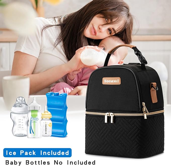 Breastmilk Cooler Bag with Ice Pack & Mat Fit 6 Bottles Up to 9 Ounce, Breast Milk Pump Cooler Bag for Moms Daycare,Work&Travel, Black