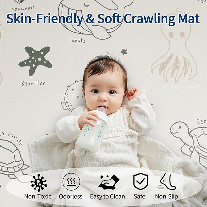 Foldable Baby Play Mat, 79x71 Inch Thick 0.8 Inch XPE Foam Waterproof, Extra Large Crawling Mat for Floor Kids Infant Training Non-Slip Reversible