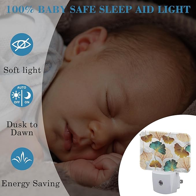 Luxurious Golden Ginkgo Leaves Night Light Plug into Wall, Green Ginkgo Night Light with Dusk to Dawn Sensor for Kid Girls Boys Women Men Bedroom, Hallway, Kitchen, Bathroom, Stairs Decor