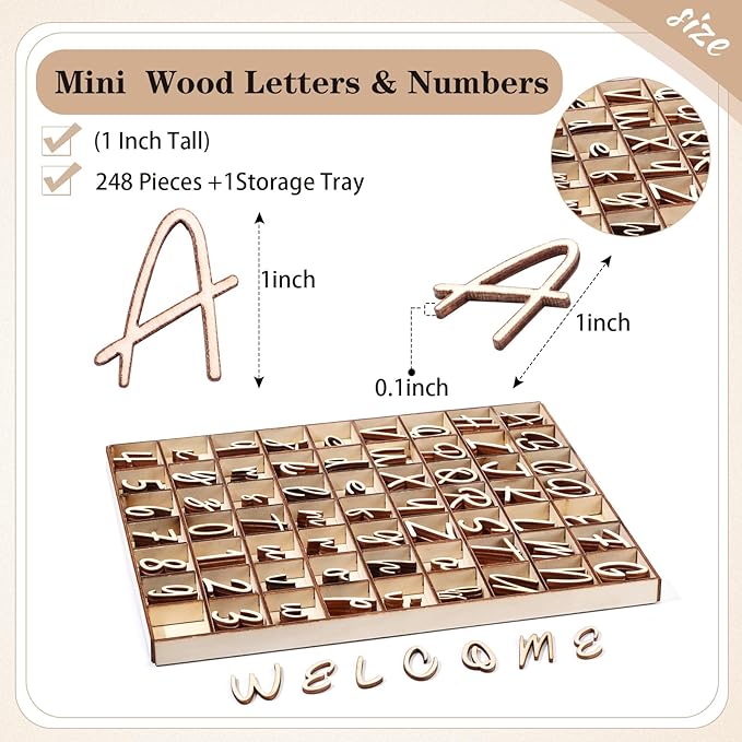 Geelin 248 Pcs 1 Inch Wood Alphabet Letters Numbers with Storage Box Blank Unfinished Wooden Letters Numbers with Rustic Storage Tray for Spelling Learning Education DIY Crafts(Rollerscript)