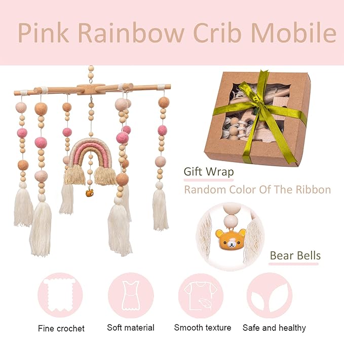 Baby Crib Mobile,Crib Mobile Wooden Mobile with Colorful Cotton Ball Wool Felt Ball Boho Baby Mobile Bassinet Mobile for Crib,Mobile for Baby Nursery and Ceiling Decoration