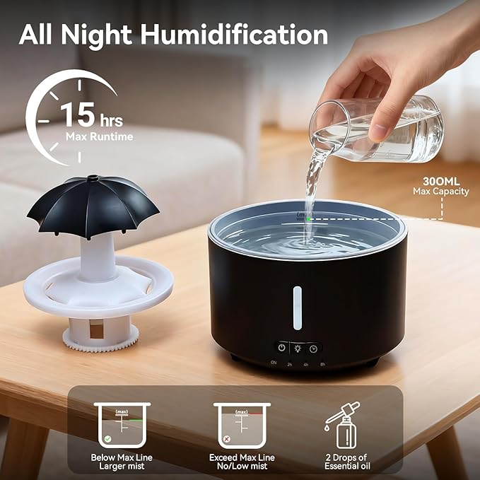 Missfly Aromatherapy Diffuser,Clouds and Cool Mist Humidifier,360° Rotatable,Super Quiet, Easy to Fill & Clean, Auto Shut-Off,300ml Humidifiers for Bedroom Home and Office (Black)