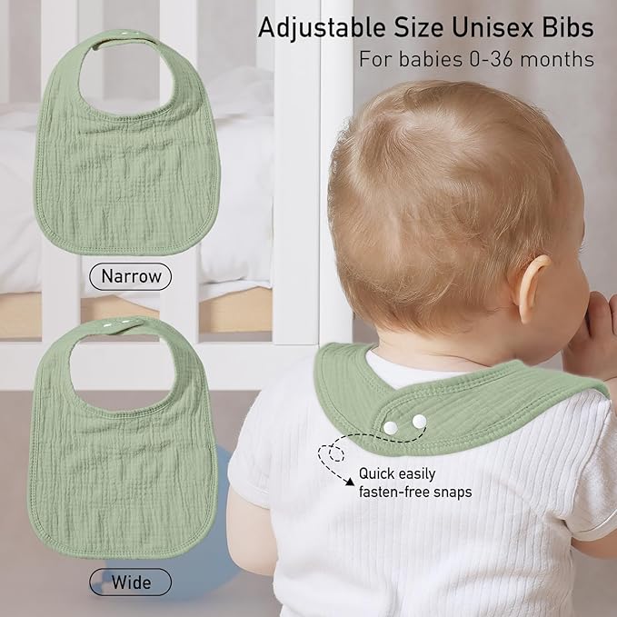 GLLQUEN BABY Muslin Drool Bibs for Boys Girls 6 Pack, Adjustable Baby Bibs for Drooling and Teething, Soft Cotton Baby Bandana Bib for Newborn Feeding Essentials (Green)