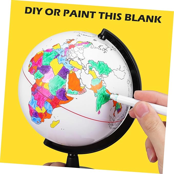 White Globes with Stand, Diy Color Your Own World Globe Blank Earth World Map Unfinished Erasable Painting Model Learning Interactive Geography