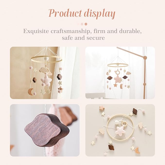 let's make Baby Crib Mobile for Boys Girls| Boho Nursery Mobile| Gender Neutral Hand-Crocheted Mobile| Ceiling Mobile - Stars, Clouds, Moon (Pink)