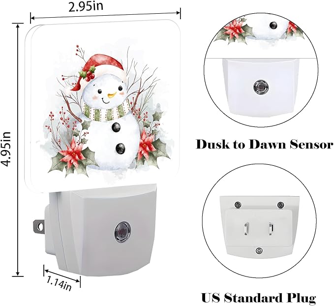 Cute Snowman Night Light,Plug Into Wall for Boys Girls Bedroom Decorative Square Night Light Lamp 0.5w Sleep Friendly