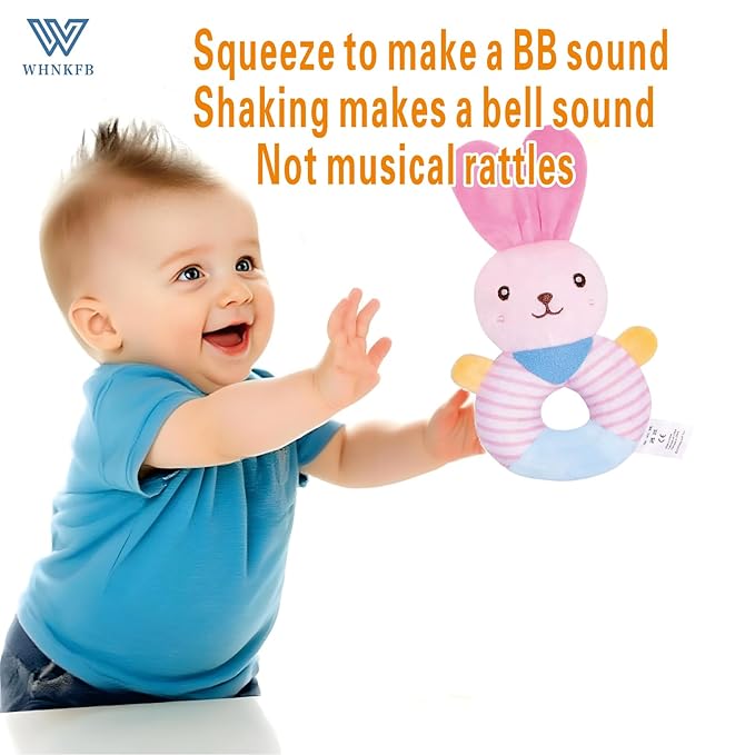 Baby Teether Rattle Toy - Soft Bunny Plush with Crinkle Squeaky Sound, Sensory Shaker for Newborns 0-12 Months, Infant Learning and Travel Stroller Toy