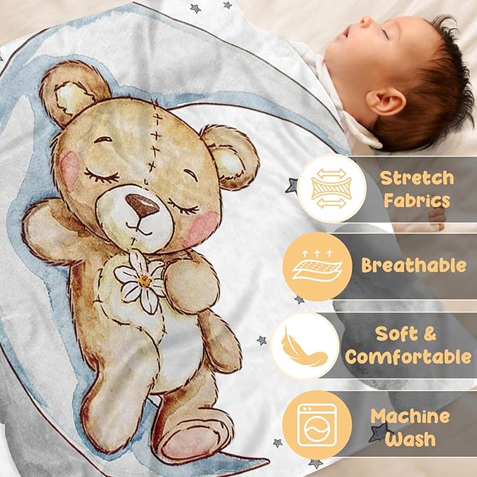 Personalized Baby Blanket, Custom Baby Blankets with Name for Infant Boys Girls, Flannel Double Layer Dotted Backing Receiving Swaddle Blanket, Gray Bear Toddler Customized Gifts(47"x60")