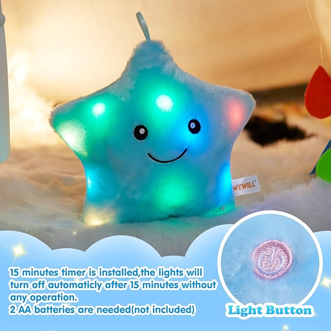 WEWILL 9'' LED Twinkle Star Soft Plush Pillow Toys Glowing Stuffed Star Light up Pillow Plush with Colorful Night Lights Birthday Gift for Toddler Kids(Blue)