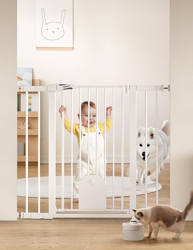 Babelio 36" Tall Auto Close Baby Gate with Small Cat Door, 29-43" Metal Cat Gate for Doorway, Stairs, House. Easy Walk Thru Dog Gate with pet Door, Includes 4 Wall Cups and 3 Extension Pieces, White