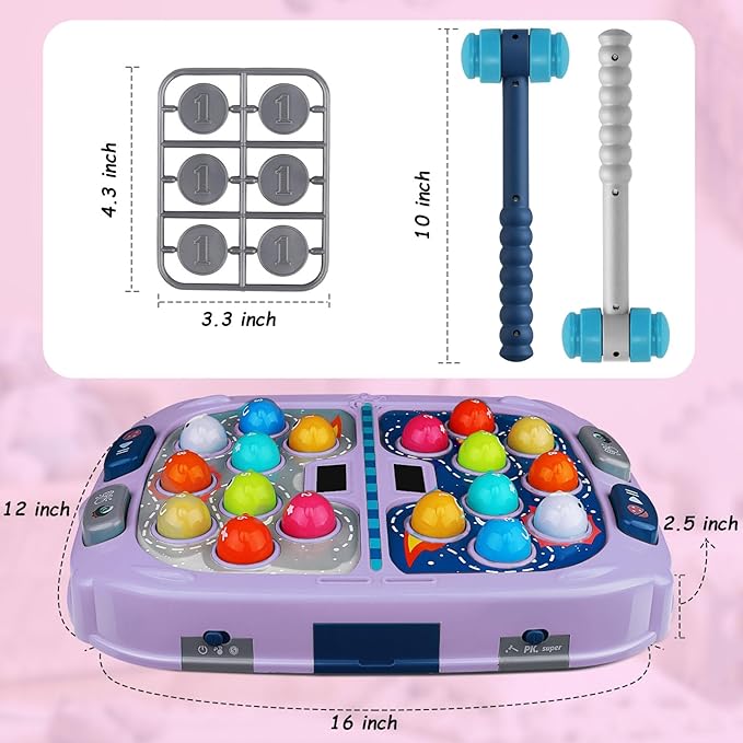 Whack a Mole Game, Toys for 3 4 5 6+ Year Old Girls Boys, Whack a Game for Kids, Gifts for 3-12 Year Old Girls Boys, Interactive Educational Toys with Double Hammers Sound and Light