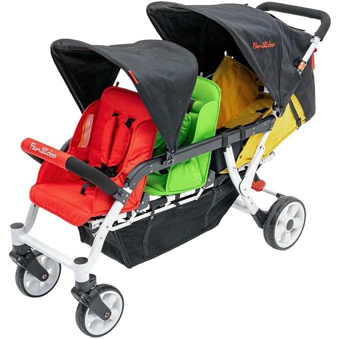 Familidoo H3E 3 Seat Baby Stroller - Tandem Daycare Triple Stroller with 5 Point Safety Harness - for Infants & Toddlers 0-3 Years - Lightweight & Foldable - All Reclining Seats
