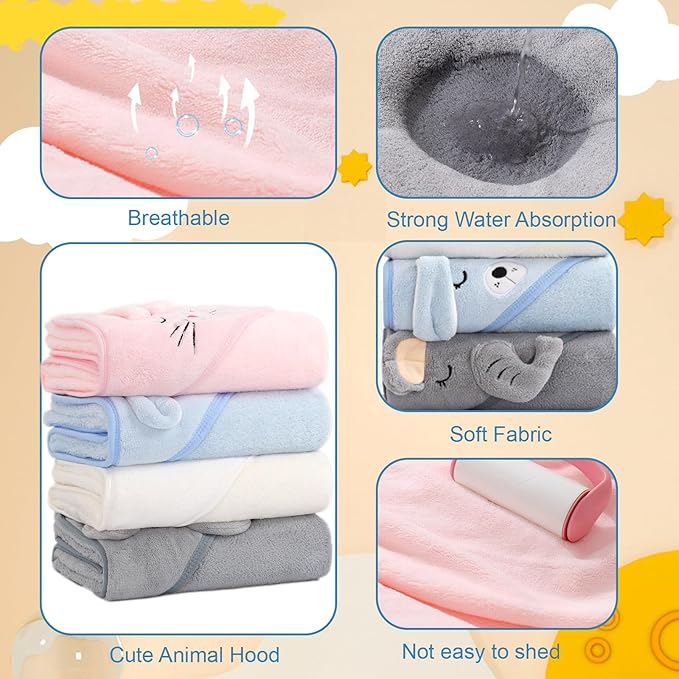 2 Pack Toddler Towels with Hood for Boys Girls, Soft Hooded Baby Bath Towels, Coral Fleece Thick Shower Bath Towel for Newborn(Gray)