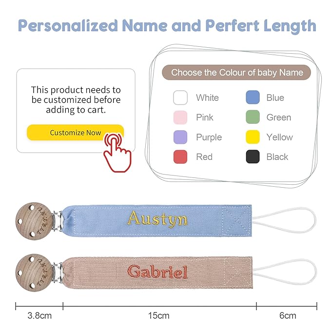 TYRY.HU Personalized Pacifier Clip with Name, Embroidery Ribbon Pacifier Holder for Baby Girls and Boys, Neutral Pacifier Leash Universally Fit All Pacifiers & Baby Toys, 2 Pack Baby Gift(Khaki, Blue)