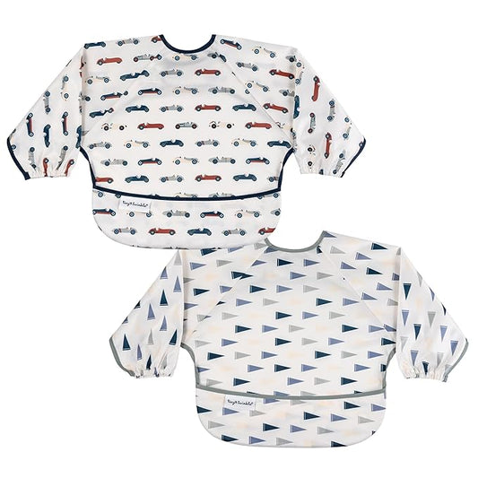 Tiny Twinkle Long Sleeve Bib for Babies & Toddlers – 2 Pack Waterproof Smock Bibs for Eating – Machine Washable & Mess-Proof, Baby Feeding Essential & Shower Must-Have (Cars,Flags,6-24M)