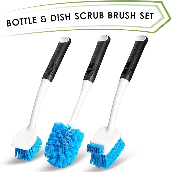 Dish Brush Set of 3 with Water Bottle Brush, Dish Scrub Brush and Scrubber Brush, Long Handle Kitchen Scrub Brushes for Dishes, Bottles, Cups, Pots, Pans and Sinks, Round Head