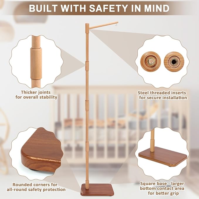Floor-Standing Crib Mobile Arm with Music Box - 65 Inch Mobile Arm for Crib - 100% Beech Wood - Crib Mobile Motor - Volume Control - 35 Lullabies - Wooden Nursery Decor - Baby Mobile Hanger