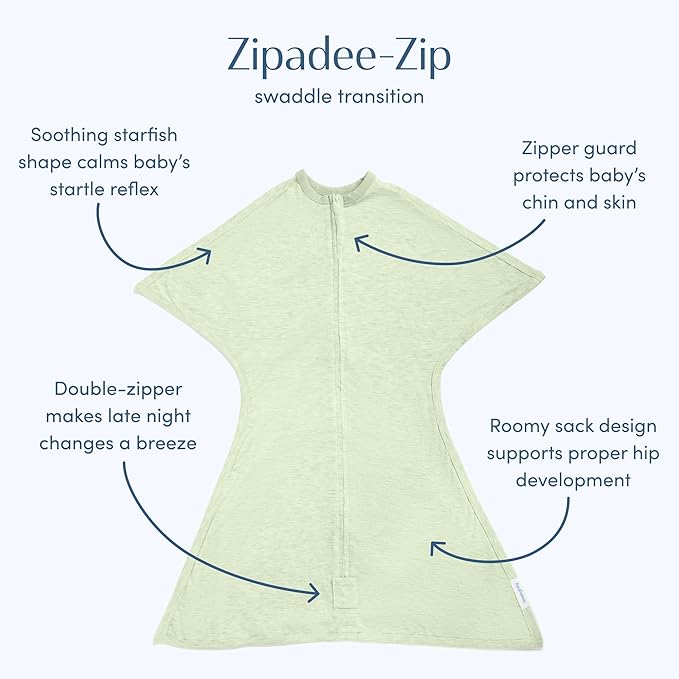 SleepingBaby Zipadee-Zip Transition Swaddle - Cozy Baby Swaddling Blanket with Zipper Convenience - Roomy Wearable Blanket for Easy Diaper Changes - 6-12 Month - Zen Garden Green Heather