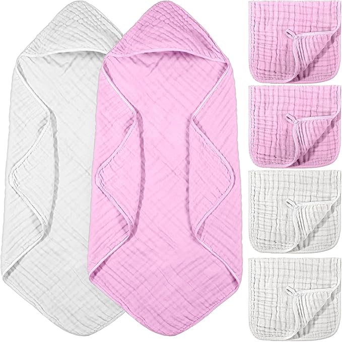 VitalCozy 6 Pcs Baby Muslin Hooded Bath Towels and Washcloths, 32 x 32 Inch Muslin Cotton Hooded Baby Towels Absorbent Blankets for Gift Newborn Infant Shower(White, Pink)