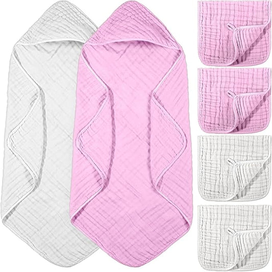 VitalCozy 6 Pcs Baby Muslin Hooded Bath Towels and Washcloths, 32 x 32 Inch Muslin Cotton Hooded Baby Towels Absorbent Blankets for Gift Newborn Infant Shower(White, Pink)