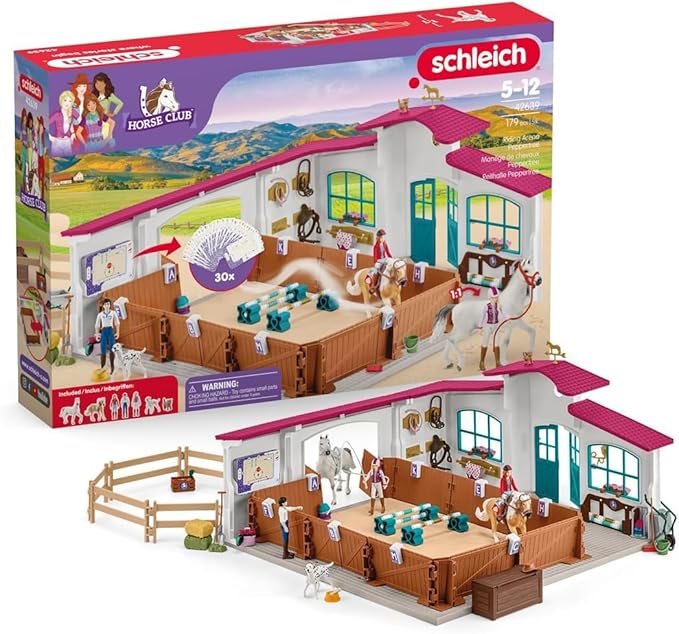 Schleich Horse Club - 179PC Peppertree Riding Arena Horse Playset with Real Dressage Cards - With Stable Set, 2 Horses, 3 Rider Figurines, Cards and Accessories - Toys for Girls & Boys Ages 5+ | 42639