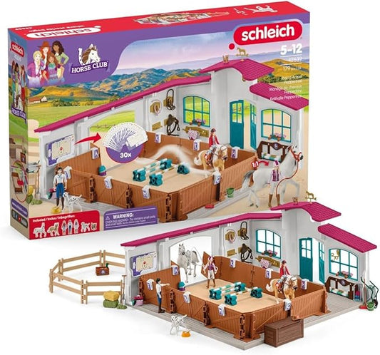 Schleich Horse Club - 179PC Peppertree Riding Arena Horse Playset with Real Dressage Cards - With Stable Set, 2 Horses, 3 Rider Figurines, Cards and Accessories - Toys for Girls & Boys Ages 5+ | 42639