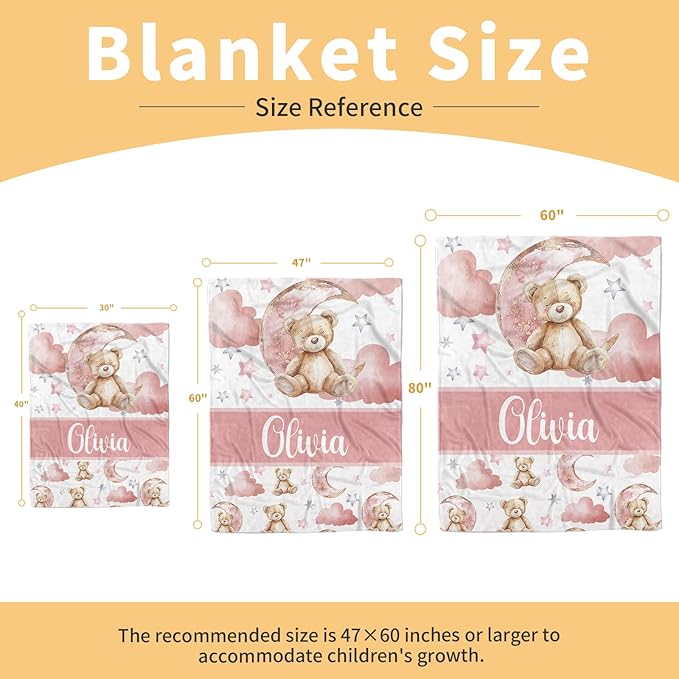 Personalized Baby Blanket – Custom Name Blankets for Newborns Boys Girls, Double Layer Dotted Backing, Pink Bear Flannel Receiving Swaddle, Sweet Custom Baby Gifts for Shower Birthday(47"x60")