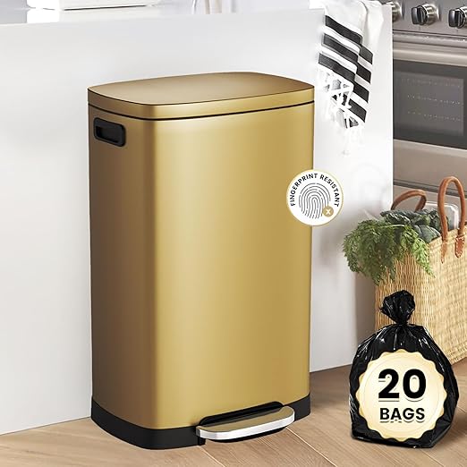 ELPHECO Kitchen Trash Can with Lid Soft Close, 13 Gallon / 50L Stainless Steel Pedal Garbage Can, Heavy-Duty Step Wastebasket with 20 Bags, Removable Bucket, Home Office, Kitchen, Titanium Gold