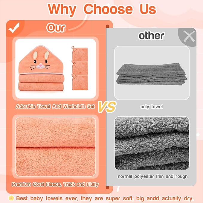 4 PCS Hooded Baby Towels, Soft Baby Towel, Absorbent Baby Bath Towel, Baby Towels and Baby Washcloths for Newborns, Toddlers, and Kids, 32x32 in Baby Towel with Hood for Boy and Girl (Orange Kitten)