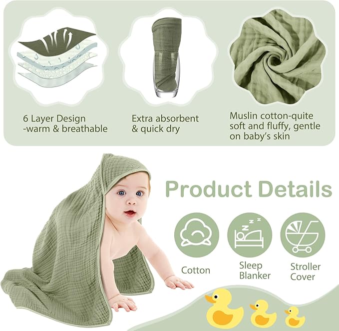 Peryiter 4 Pcs Muslin Hooded Baby Towels, 32"x 32" Cotton Newborn Bath Towel Muslin Infant Baby Blankets Absorbent Unisex Christmas Registry Gift Essentials for Girls Boys (Green,Gray,Beige)