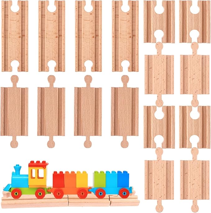 16 Pcs Straight Wooden Tracks Expansion Wood Train Track Connectors and Adapters Male Male Female Female Wood Train Track Pieces Accessories Wooden Tracks Bridge for Most Major Toy Trains Railway