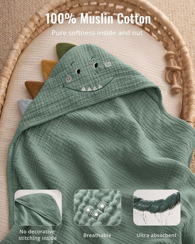 Blissful Diary Muslin Baby Hooded Towel, Soft and Absorbent Bath Towel for Newborn, Infant, Toddler, Unisex, 32″x32″ - Roguish Dino