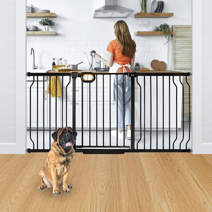 owlie Stair Baby Gate 57-66 Inch, Extra Wide Safety Gate for Baby Pet Adjustable Dog Gates Indoor Extra Wide Gates Pressure Mounted for Toddler Pet for House Stairway Doorway Black (30.5'' Tall)