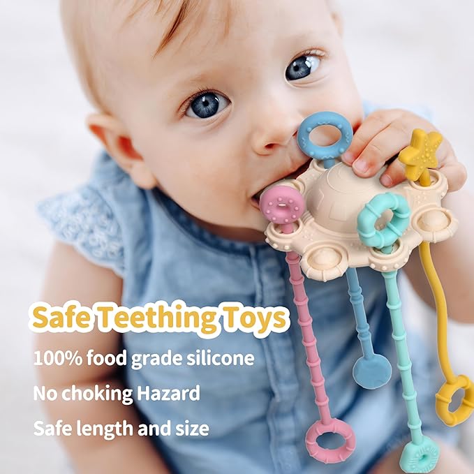 Montesorri-Toys - Montessori Pull String Toy - Made of 100% Food Grade Silicone with Built-in Rattle Function and Easy to Clean Design (Cream Color)