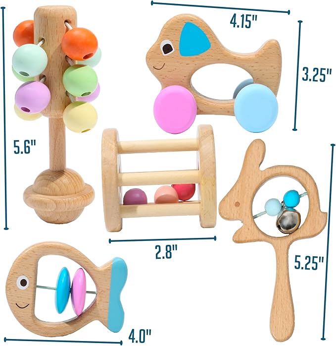 Montessori Mama Wooden Toys for Babies 5-Piece Collection - Multi-Sensory Learning Rattle for Babies - Infant Wooden Toy Set Baby Weights Toys - Teether