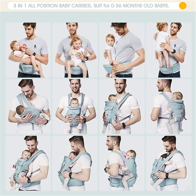 Ergonomic Baby Carrier with Hip Seat, 360° Positions, Soft and Breathable, All Seasons, for Newborns and Toddlers, Hiking Shopping Travelling