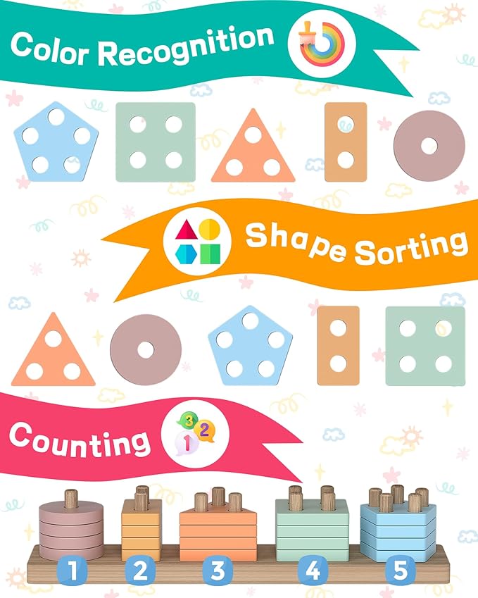 Montessori Toys for 1 2 3 Year Old Boys Girls Gifts, Wooden Shape Sorter Toys for Ages 2-4, Toddler Learning Toy Puzzles Birthday Gift Ages 1-3