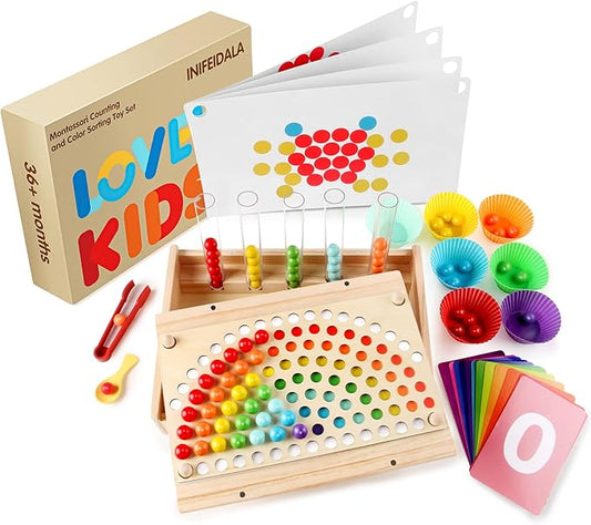 Toddler Learning Montessori Toys for 3 4 5 6 Year Old,Rainbow Stacking and Color Sorting - Number Crunching Clip Bead Matching -Wooden Peg Board Bead Game - Fine Motor Skills Toys