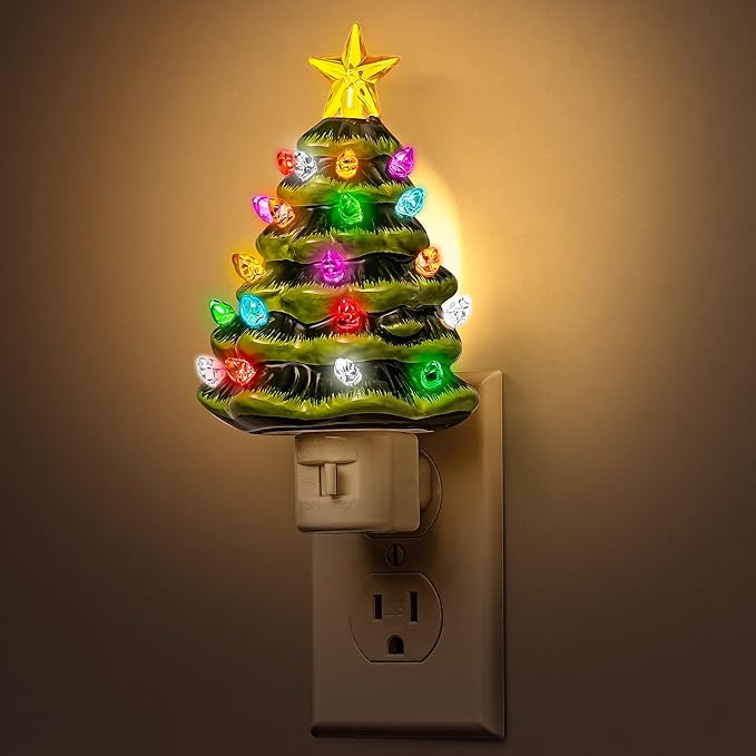 DORESshop Ceramic Christmas Tree Night Light, 3000K Night Lights Plug into Wall, Cute & Funny Christmas Decor Night Light for Kids, Plug in Nightlight with 360° Rotatable, Holiday Party Decor, 1 Pack