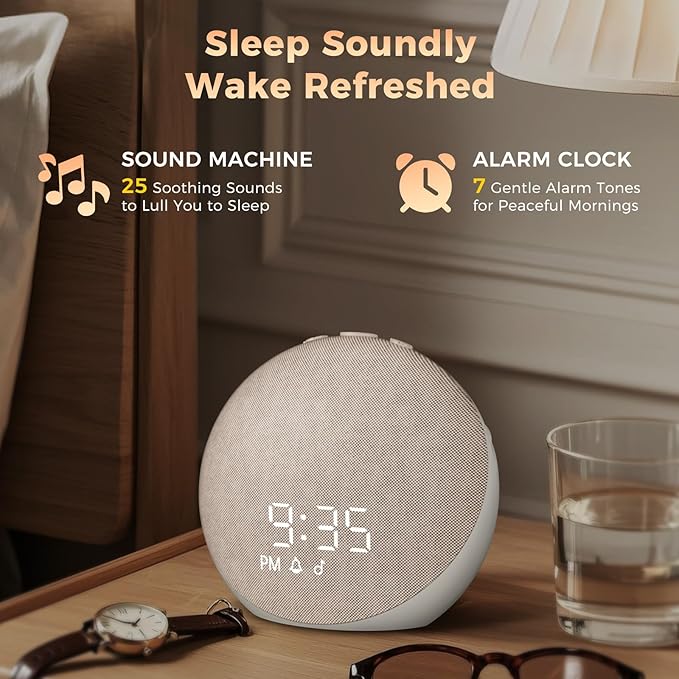Sound Machine Alarm Clock for Bedroom: 25 Natural Sleep Sounds - White Noise Machine for Adults Kids Baby - Gentle Wake Up Alarm with Bluetooth Speaker - Putty