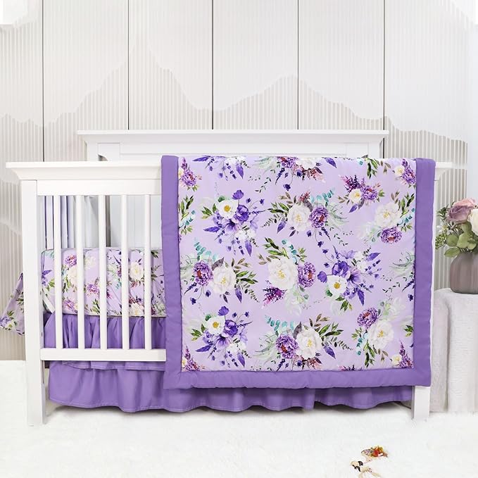 Crib Bedding Set for Girls, Purple Baby Crib Bedding Set 4 Piece, Baby Girl Nursery Bedding Set Including Comforter, Fitted Crib Sheet, Crib Skirt, Diaper Stacker, Floral