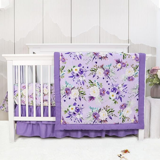 Crib Bedding Set for Girls, Purple Baby Crib Bedding Set 4 Piece, Baby Girl Nursery Bedding Set Including Comforter, Fitted Crib Sheet, Crib Skirt, Diaper Stacker, Floral