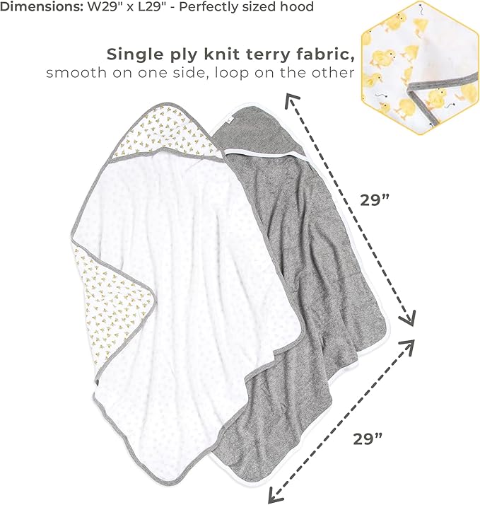 Burts Bees Baby Infant Hooded Towels Little Ducks Organic Cotton, Unisex Bath Essentials and Newborn Necessities, Soft Nursery Towel with Hood Set, 2-Pack Size 29 x 29 Inch